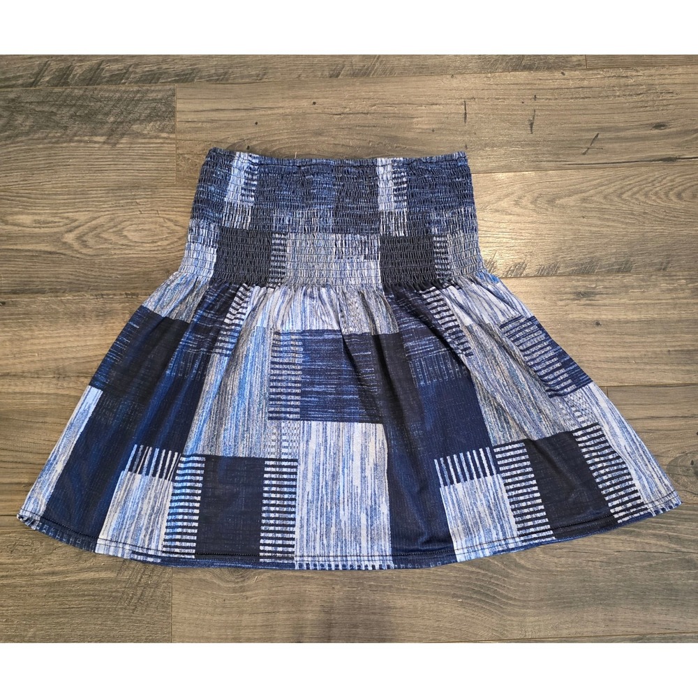 Womens sz Medium Blue Patchwork Smocked Strapless Tube Top Geometric Peplum Boho